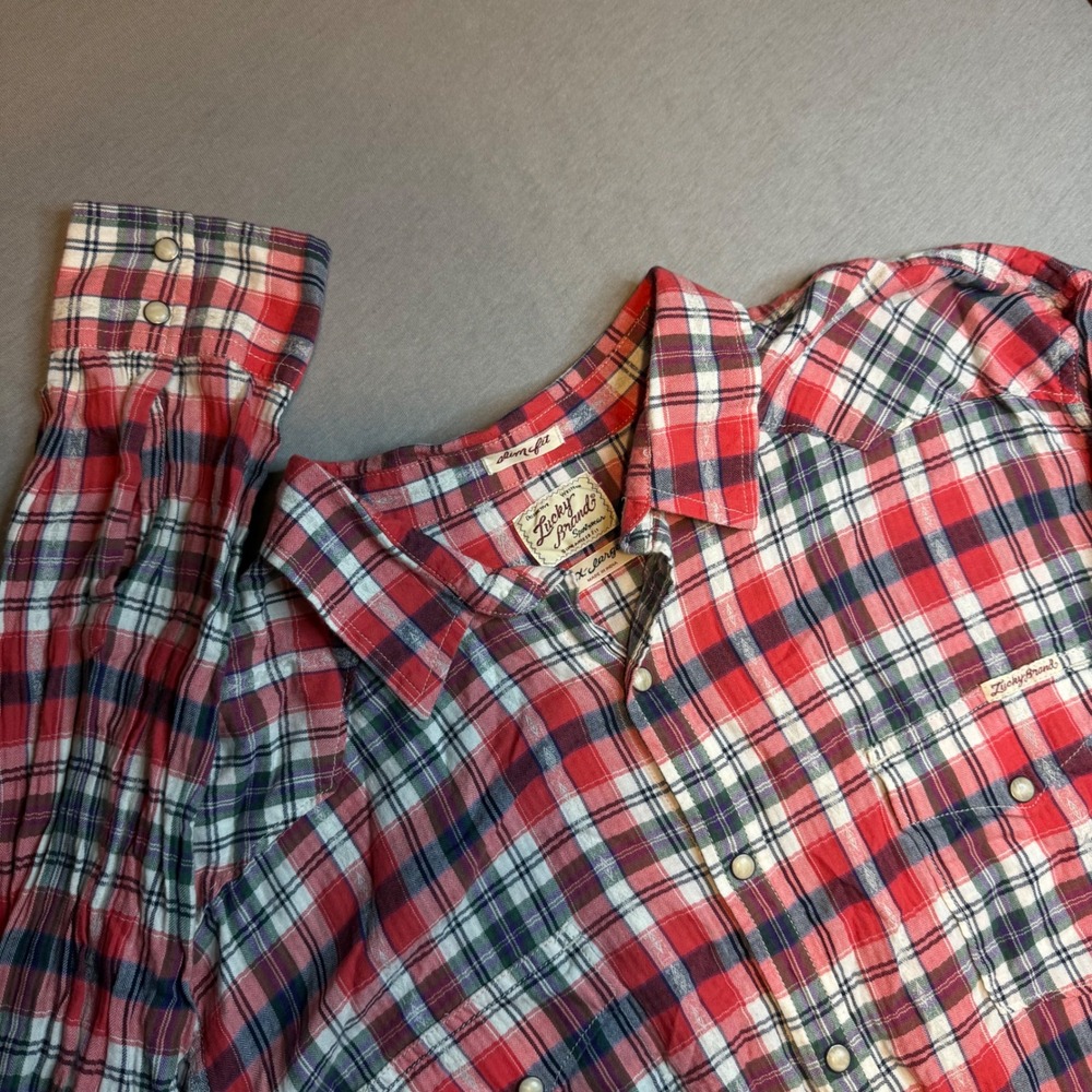 Lucky Brand Mens Red Blue Plaid Slim Fit Western Pearl Snap Shirt XXL